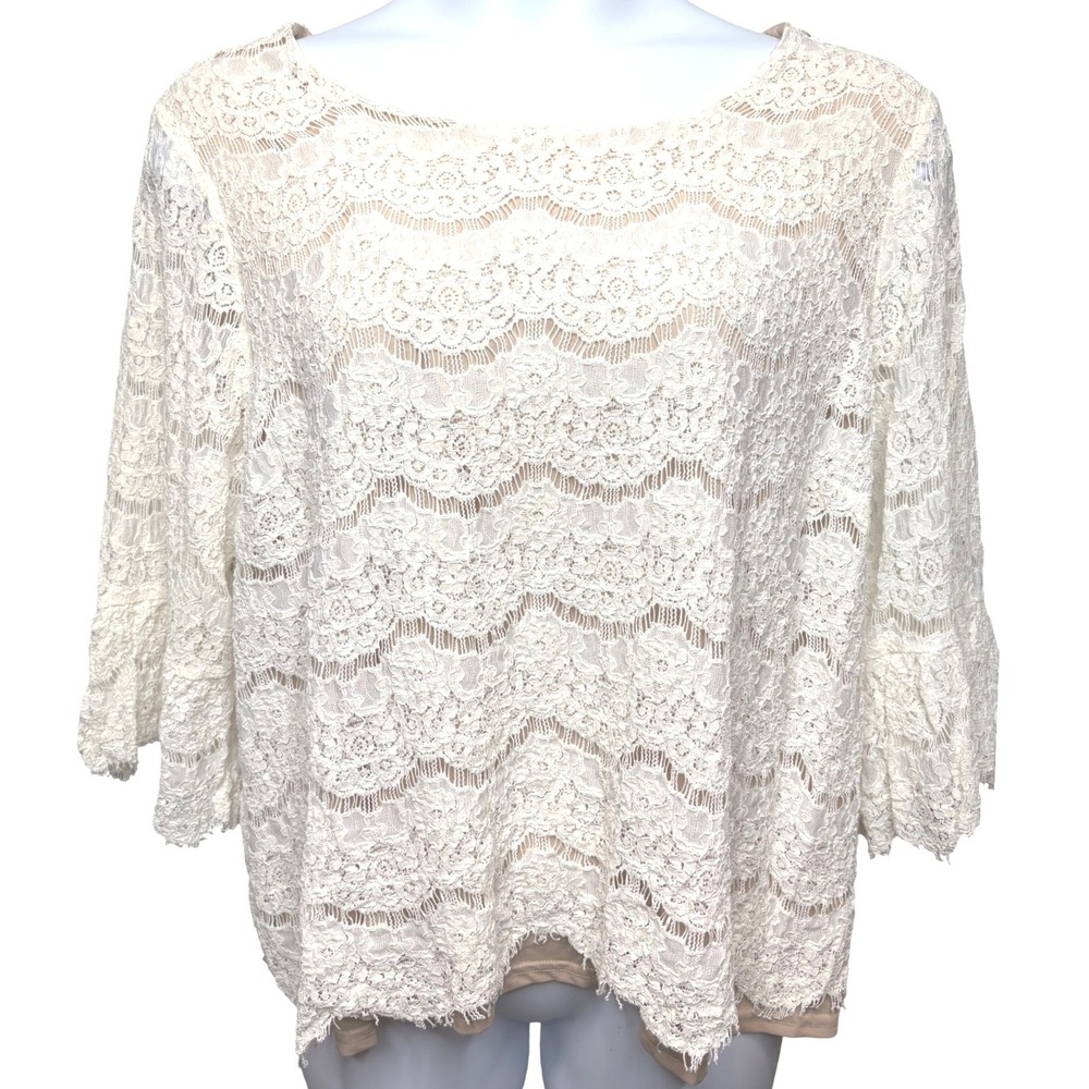ROSE + OLIVE‎ Ivory Scalloped Lace Bell Sleeve Blouse XL Boho Cottagecore Girly